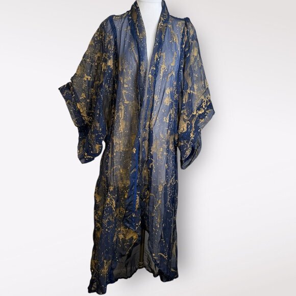 Victrola Navy Blue and‎ Gold Splatter Sheer Kimono - Picture 1 of 5